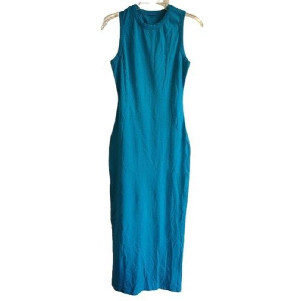 Turquoise Blue Sleeveless Maxi Dress Size M | Cotton Spandex Side Slit Tank...
